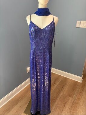 Marina Royal Blue Sequin Beaded Evening Gown Dress & Chiffon Scarf Size 10 NWT